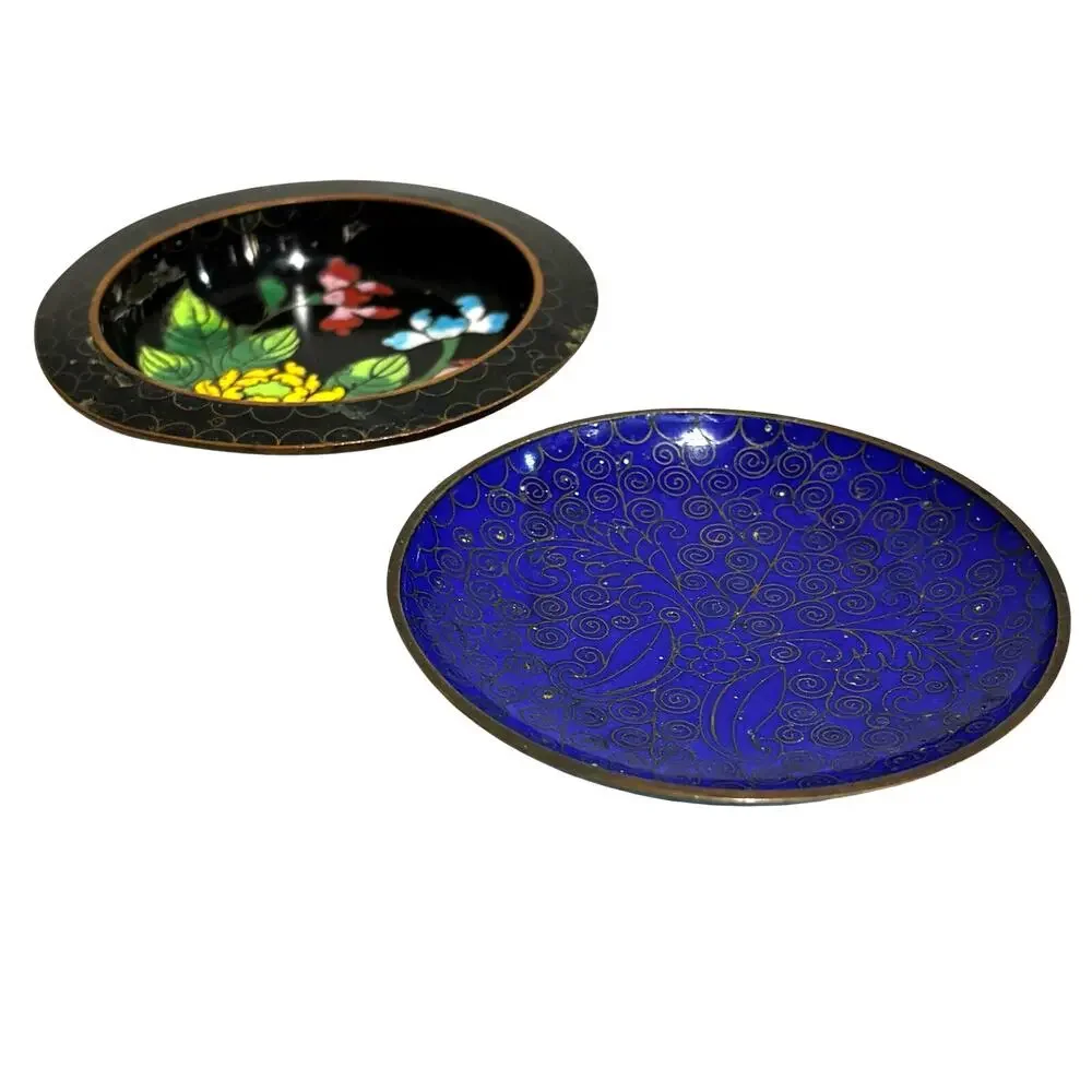 Two small enamel on brass Cloisonne mini plates Asian motif vintage decorative